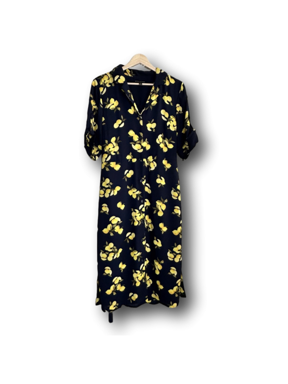 Lemon Print Midi Dress Navy Yellow Amalfi Coast Euro Summer Button Front